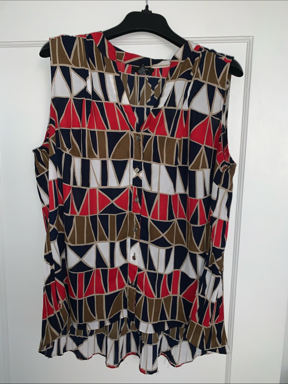 Alfani Sleeveless Geometric Button-Front Blouse - Red, Navy & Brown